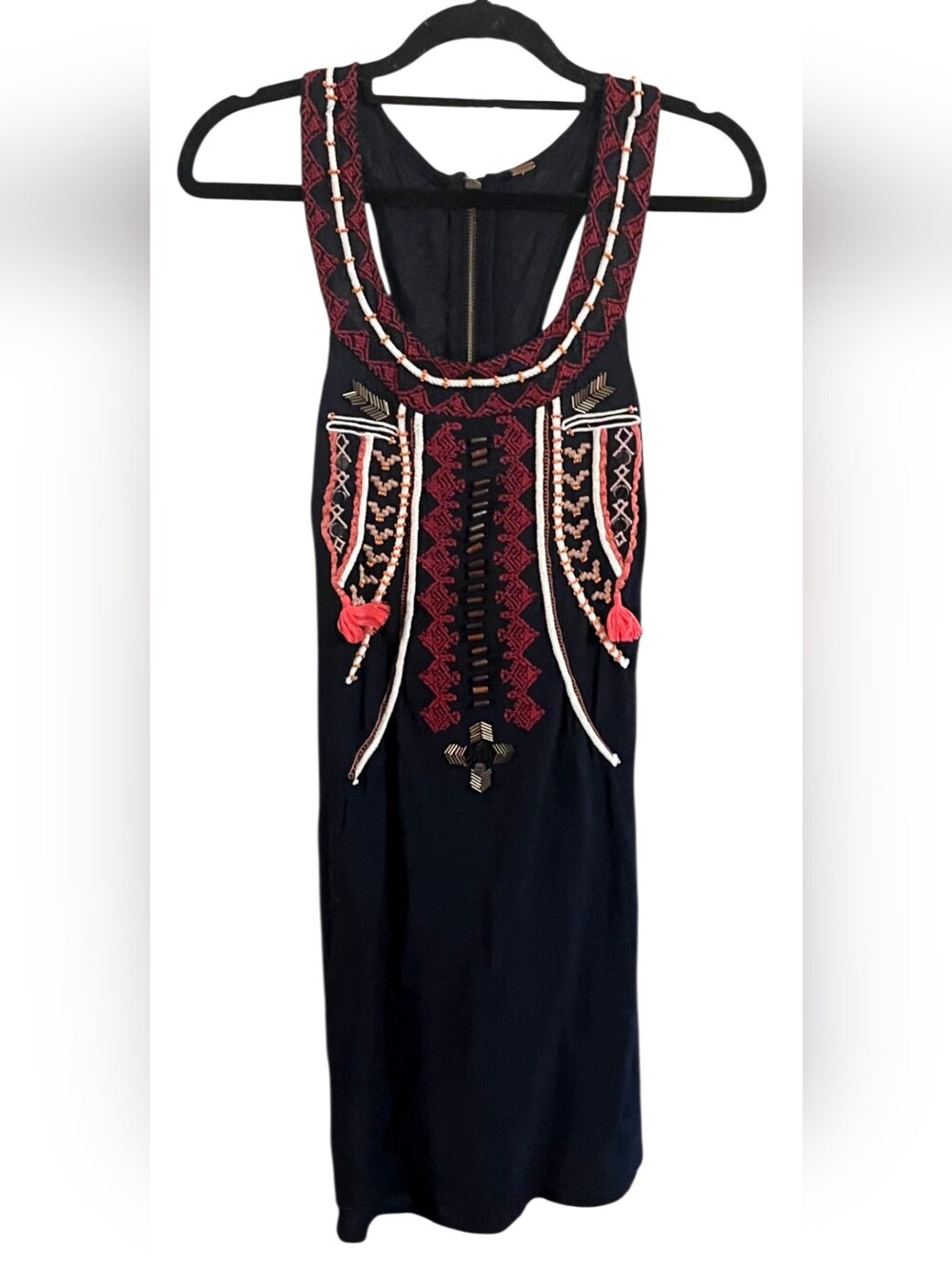 Free People Black Maxi Dress with Coral Embroidery Size Small